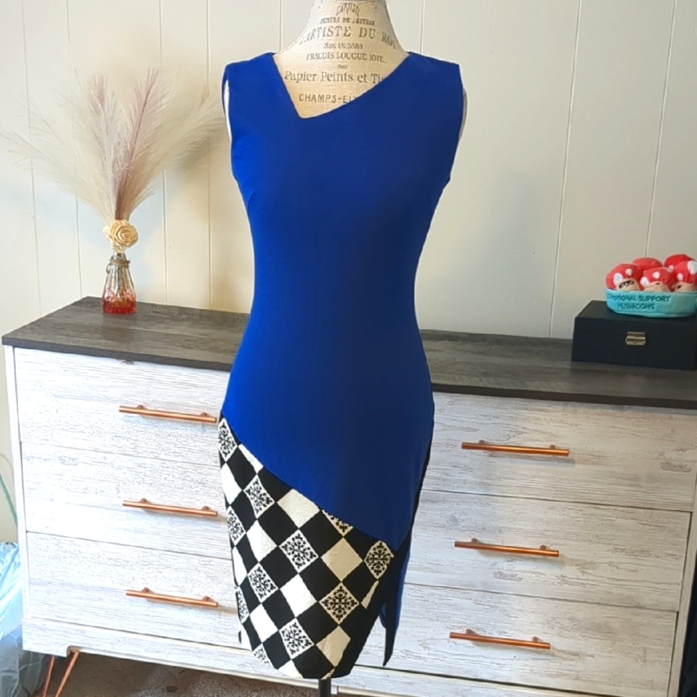 Asymmetrical Blue and Black Sheath Cocktail Dress